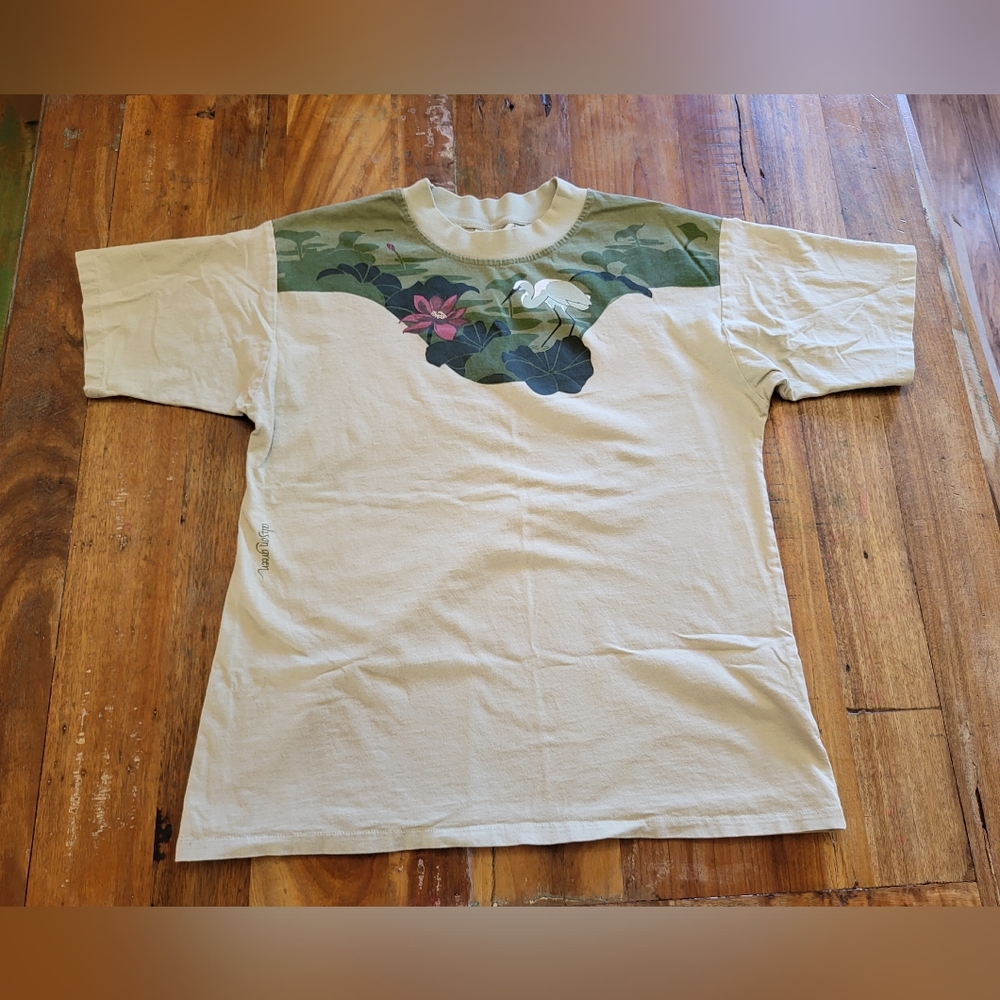 Alison Green Womens Mens Unisex Medium Tan Green Crane Pond T-shirt Cotton B1